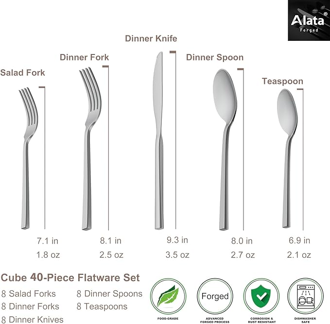 Alata Cube 40-Piece Forged Stainless Steel Flatware Set Cutlery Set, Silverware Set Service for 8, Mirror Finish, Dishwasher Safe-Ruum Studio Home