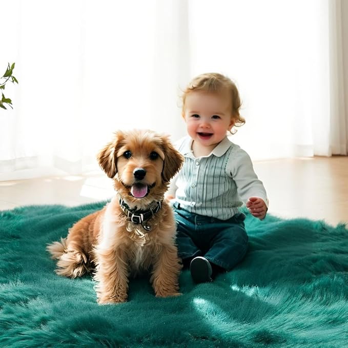 AMTOVO Faux Fur Sheepskin Rug for Living Room, 4 x 6 ft Dark Green Fluffy Area Rug for Bedroom, Playroom, Luxury Room Decor, Rectangle-Ruum Studio Home