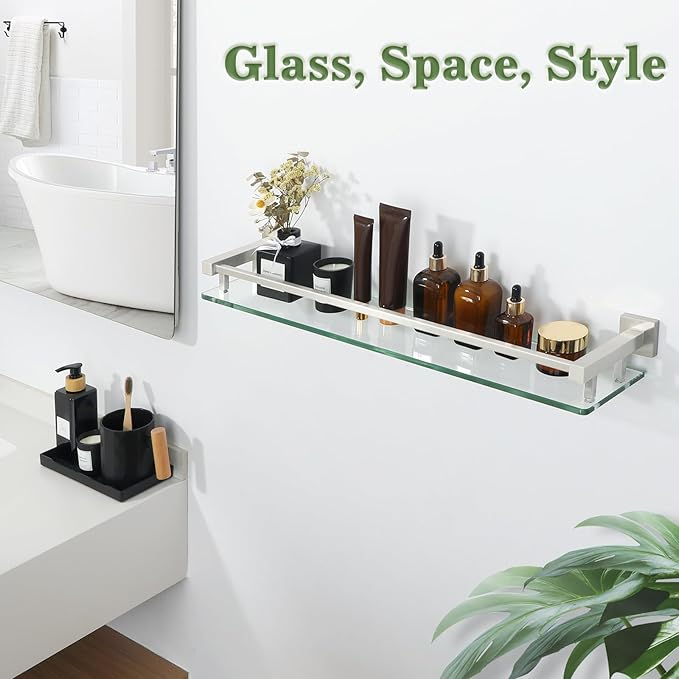 Alise Bathroom Shelf Wall Mounted, Brushed Nickel Large Capacity Glass Shelf for Bathroom, 24 inch-Ruum Studio Home