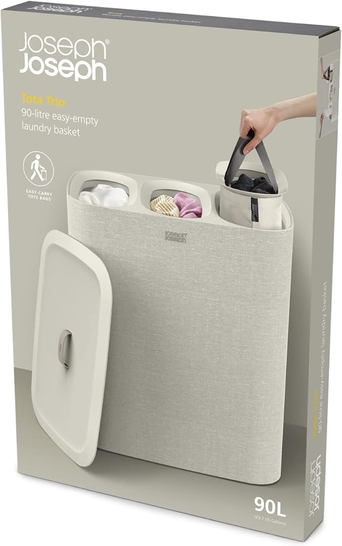Joseph Joseph Tota Trio 90 liter/23.8 gallon Laundry Hamper Separation Basket with lid, 3 Removable Washing Bags with Handles- Ecru-Ruum Studio Home