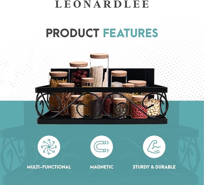 LEONARDLEE Magnetic spice Rack, Stronger Magnet with Wall Mount Option. 4 Removable Hooks, Perfect Space Saver for Kitchen- for Holding Spices, Jars, Bottle, cans (Pack of 2)-Ruum Studio Home