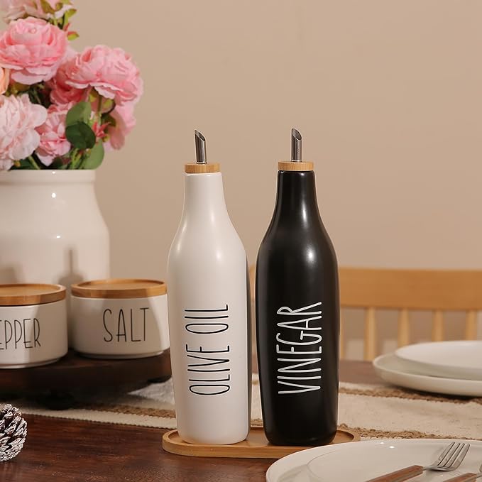 HOMCDALY Olive Oil and Vinegar Dispenser Set, 16oz Ceramic Oil Dispenser for Kitchen, Kitchen Dispenser Bottle for EVOO Vinegar Syrups, Modern Farmhouse Design| Set of 2 – P-Black&White-Ruum Studio Home