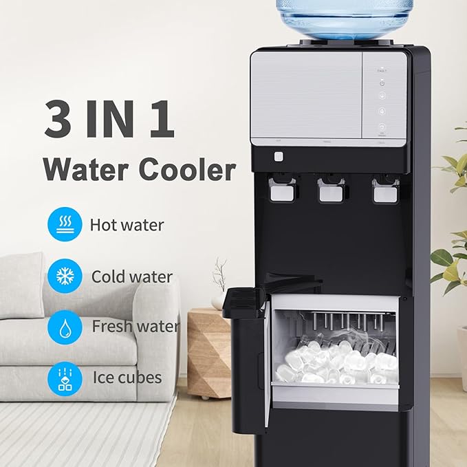 IKT Top Load Water Cooler Dispenser with Ice Maker for 5 Gallon Bottle 27 lbs Daily Capacity 3 Temperature Night Light Black-Ruum Studio Home