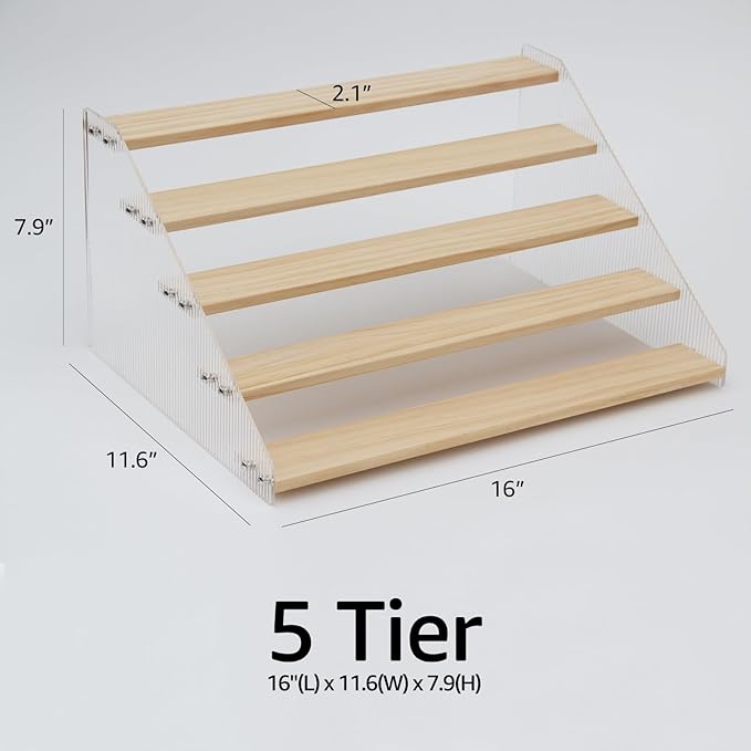 nianfeng Tiered Spice Rack, 5-Tier Spice Pantry Kitchen Cabinet Organizer, 16-Inch, Natural Wood Acrylic Stair Riser Stand, Countertop Seasoning Shelf-Ruum Studio Home