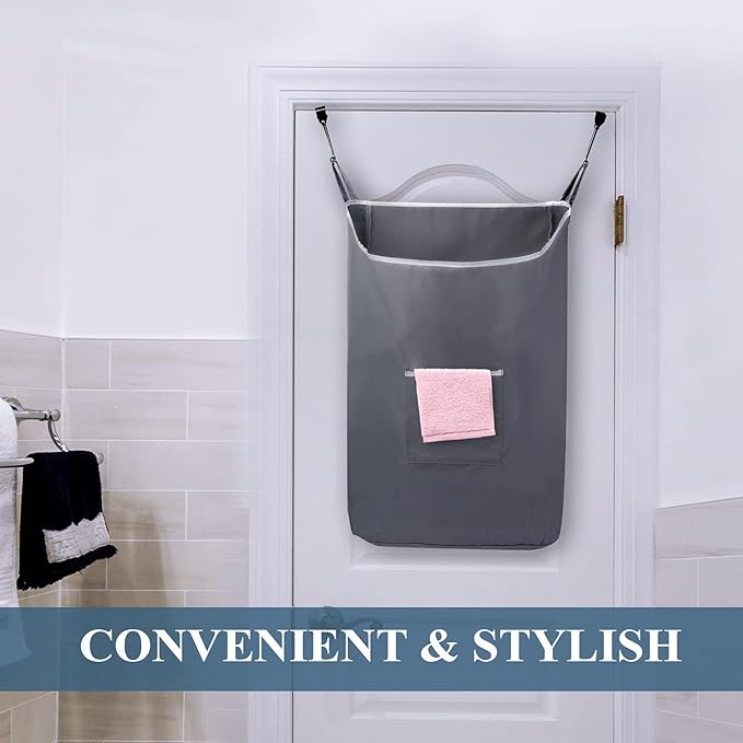 The Fine Living Co. X-Large Hanging Laundry Hamper with Over Door Hooks & Adhesive, Durable Space Saving Laundry Bag with Zipper and Wide Open Top,Hanging Dorm Laundry Hamper 20"x3.75"x31" (Gray-XL)-Ruum Studio Home