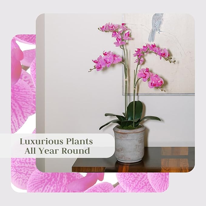 Faux Pink Orchid Plant, Premium Artificial Indoor Flower Display Stands 24”, Beautiful Sculptural Blooms That Lasts Forever, Grey Planter Pot Included-Ruum Studio Home