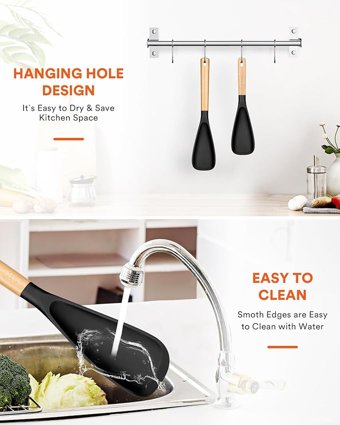Multifunction Spatula Spoon for Nonstick Cookwares, Great for Cooking and Serving, Sturdy BPA-Free Matte Silicone, Wood Handle Spatula for Mixing, Scoop, and Scrape, Black(2 pack,11.4" & 13.4")-Ruum Studio Home
