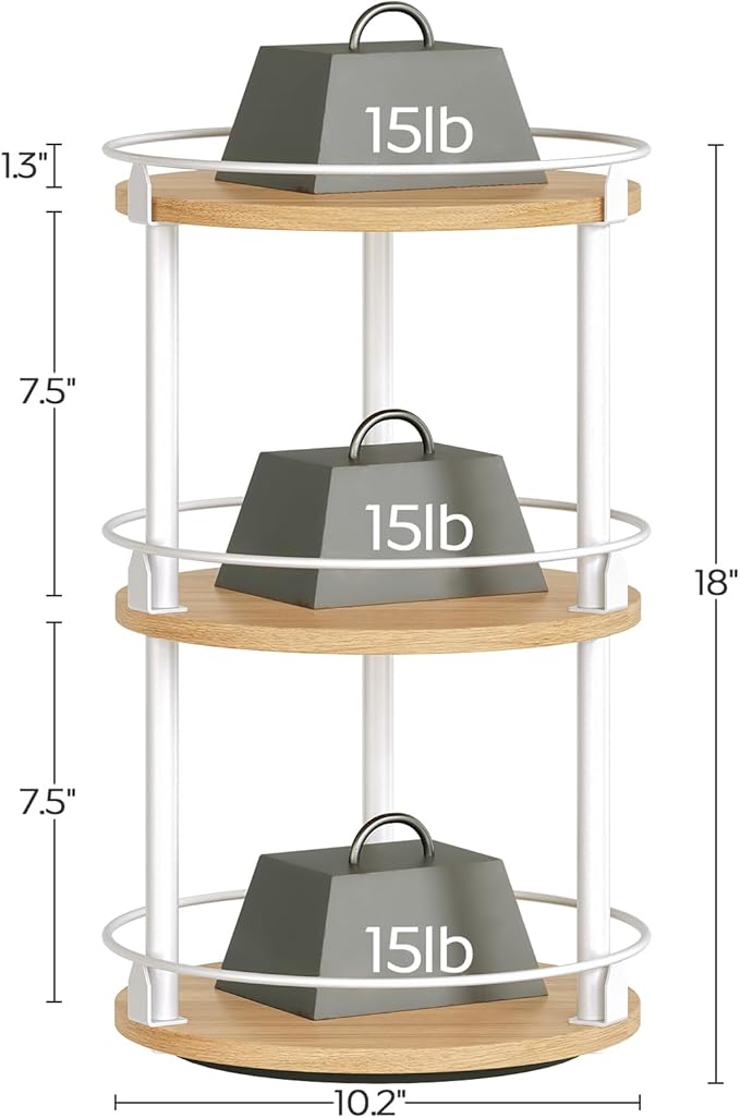 3-Tier Lazy Susan Organizer, Rotating Spice Rack, Spinning Organizer, Industrial Turntable Spice Rack Organizer for Cabinet, Kitchen Countertop, Pantry, White and Natural SR23WN-Ruum Studio Home