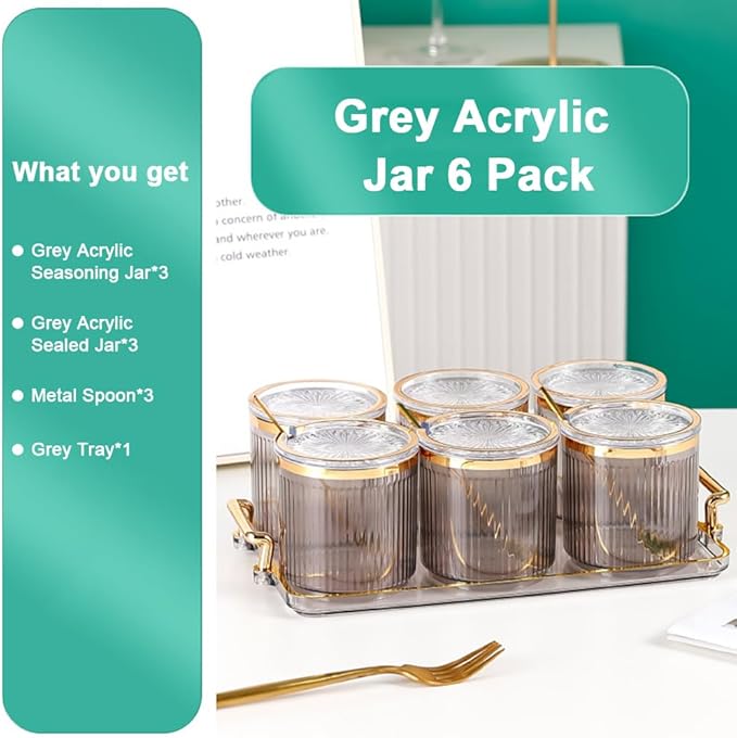 Acrylic Condiment Spice Jars,Condiment Spice Box With Lids and Spoons and Tray,Clear Plastic Condiment Canisters,Seasoning Box 6 Pack,Seasoning Box Set for Kitchen to Storage Salt,Paprika,Sugar-Ruum Studio Home