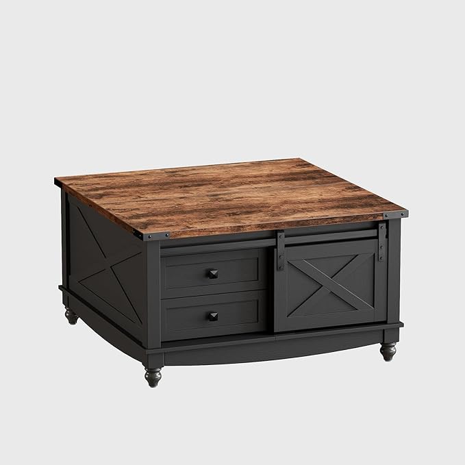 31.5" Lift Top Coffee Table with Storage, Farmhouse Coffee Tables for Living Room, Square Coffee Table with Large Hidden Storage Compartment, 2 Drawers & Removable Shelves, Black-Ruum Studio Home