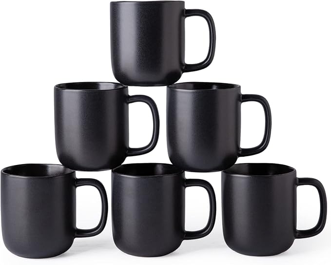 AmorArc 14oz Coffee Mugs Set of 6, Ceramic Coffee Mugs with Large Handle & Wavy Rim for Latte/Hot Cocoa/Tea, Stylish Coffee Mugs for Men Women. Oven,Dishwasher&Microwave Safe, Matte Black-Ruum Studio Home