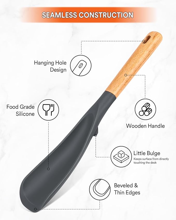Cooking Spoon for Nonstick Cookwares, Great for Cooking and Serving Sturdy BPA-Free Matte Silicone, Wood Handle Spoon for Mixing, Scoop, and Scrape (2 Pack of Grey, 11.4 inch)-Ruum Studio Home