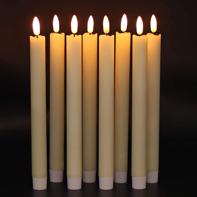 GenSwin Flameless Flickering Taper Candles with 2 Remote Controls and Timer, Real Wax 3D Wick Light Window Candles Battery Operated Pack of 8, Christmas Home Wedding Decor(Ivory, 0.78 X 9.64 Inch)