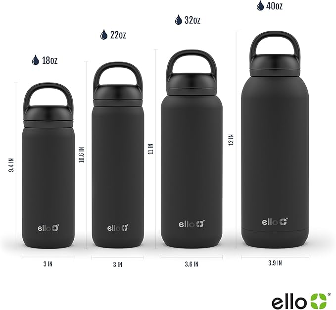 Ello Cooper 22oz Stainless Steel Water Bottle with 2 Lids Chug and Straw | Leak Proof Double Walled and Vacuum Insulated | Fits Car Cupholder | Built in Carry Loop | Dishwasher Safe | Gray
