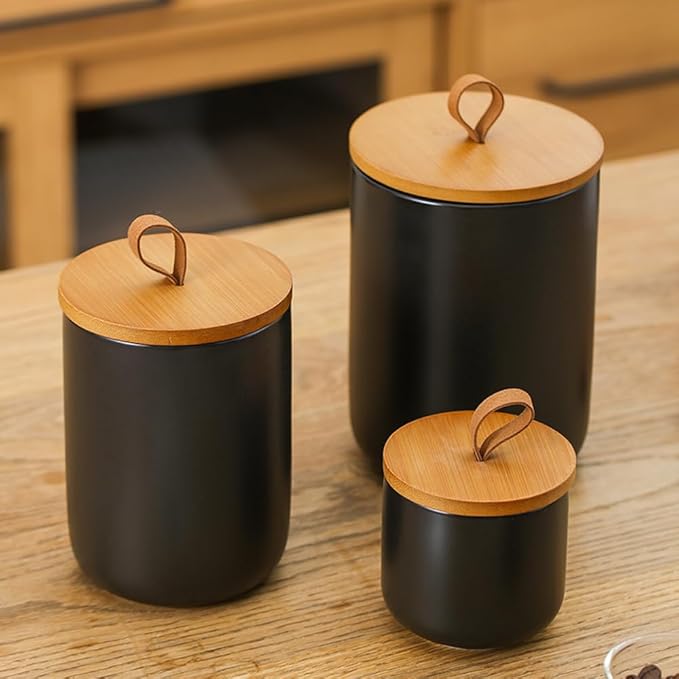 Canister Sets for Kitchen,Ceramic Kitchen Canisters for Countertop with Airtight Wood Lids for Serving Ground Coffee, Tea, Spice, Grains, Sugar, Salt (Black Pack of 3 (8.7/27/44 Oz))-Ruum Studio Home