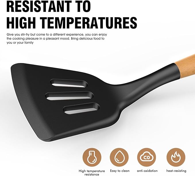 Silicone Cooking Utensils Set - Silicone Kitchen Utensils for Cooking Wooden Handles, 446°F Heat Resistant Kitchen Utensil Spatula Sets w Holder, Gadgets for Non-Stick Cookware BPA FREE (Black)-Ruum Studio Home