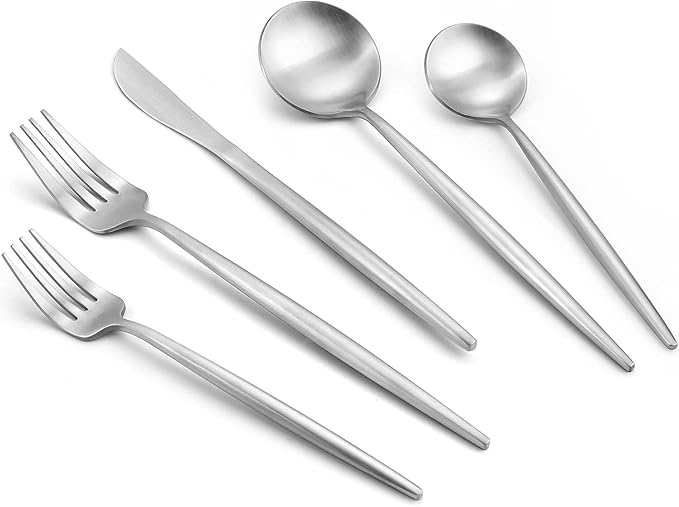 Matte Silverware Set, 20-Piece Stainless Steel Flatware, Tableware Cutlery Service for 4, Satin Finish Utensils, Knife Fork Spoon for Home and Restaurant, Dishwasher Safe