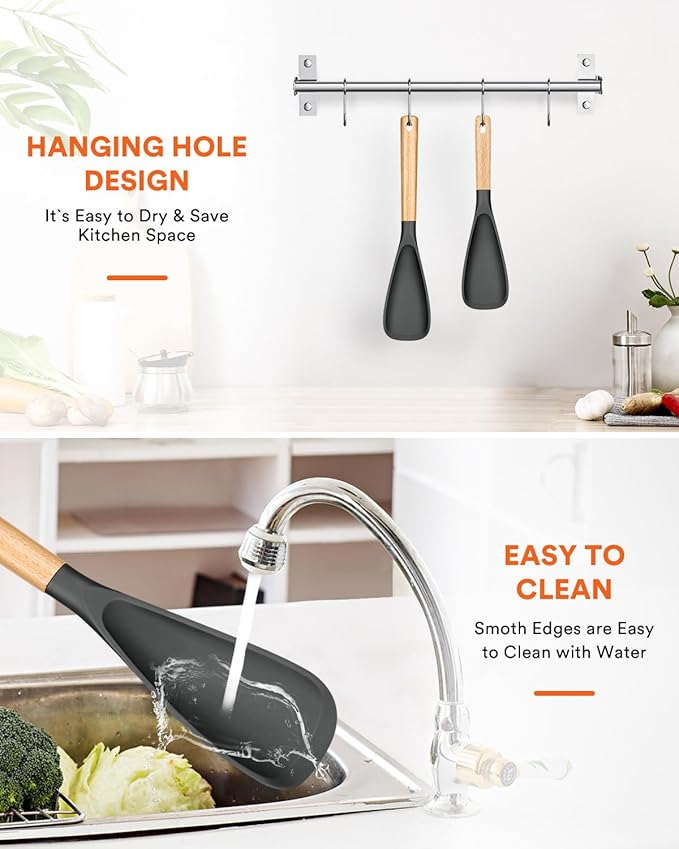 Multifunction Spatula Spoon for Nonstick Cookwares, Great for Cooking and Serving, Sturdy BPA-Free Matte Silicone, Wood Handle Spatula for Mixing, Scoop, and Scrape, Grey(2 pack,11.4" & 13.4")-Ruum Studio Home