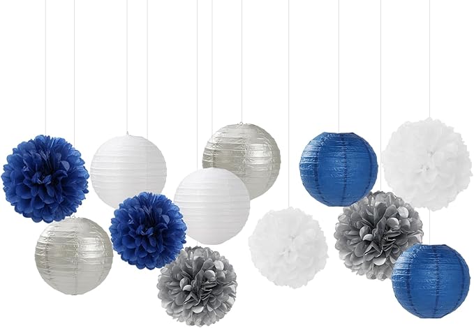Navy-Blue Silver Party-Decorations Paper-Flowers Lanterns - 15PCS Birthday Royal White Wedding Tissue Pom Poms Streamers,Baby Bridal Shower Bachelorette Graduation Hanging Supplies Decor Hugfond-Ruum Studio Home