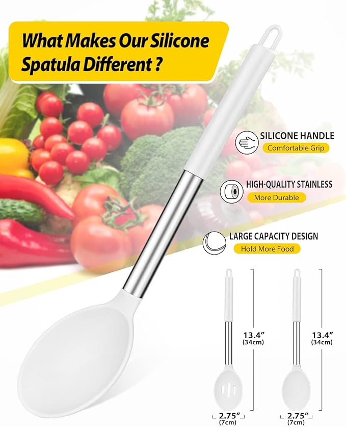 Pack of 2 Large Silicone Cooking Spoons,Non Stick Solid Basting Spoon,Heat-Resistant Kitchen Utensils for Mixing,Serving,Draining,Stirring (WHITE)-Ruum Studio Home