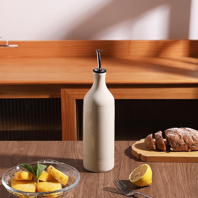 Sweejar Large Ceramic Olive Oil Dispenser Bottle, Opaque Oil Cruet Protects Oil to Reduce Oxidation, Storage Oil, Vinegar, Soy Sauce & Other Liquids, Pack of 1, 24 Fl Oz (Beige)-Ruum Studio Home
