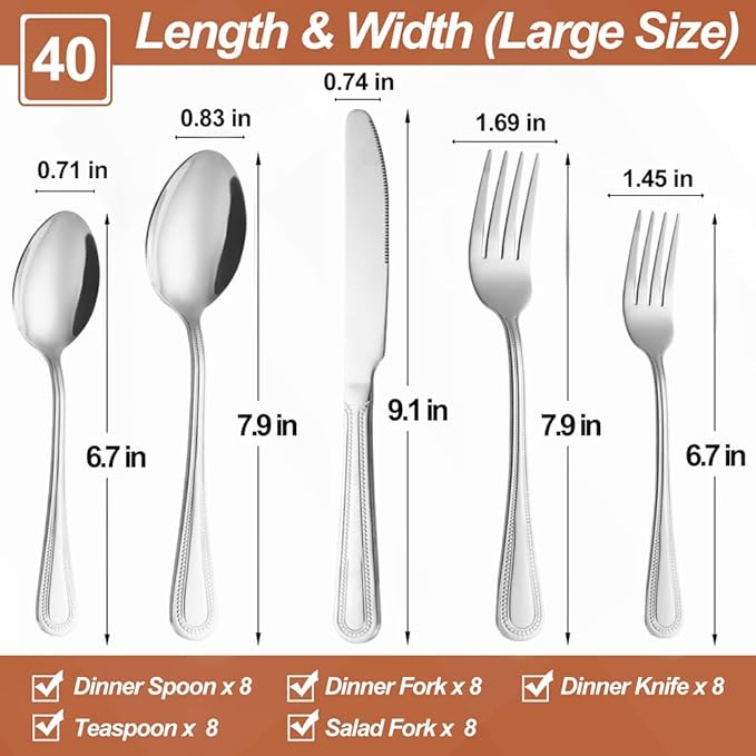 40 Pcs Silverware Set for 8 with Pearled Edge Handle design, Food Grade Stainless Steel Flatware Set, Eating Utensils Sets Include Fork/Knife/Spoon, Reusable Cutlery Set, Dishwasher Safe-Ruum Studio Home
