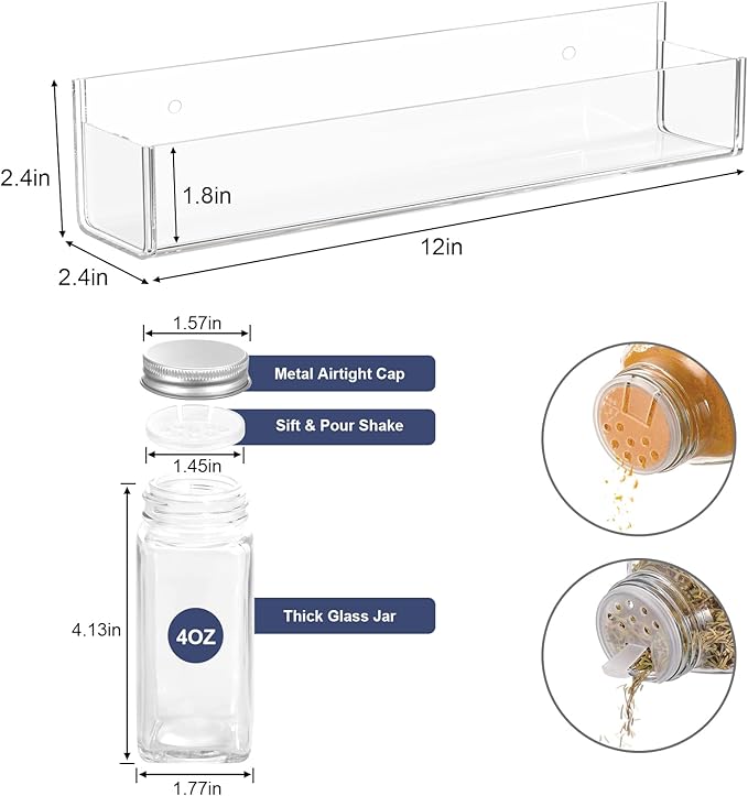 PMMASTO Adhesive Acrylic Spice Rack Organizer with 12 Empty Square Spice Jars, 238 Spice Labels with Chalk Marker and Funnel Complete Set for Kitchen Cabinet/Pantry Door (Clear - 2 Pack)-Ruum Studio Home