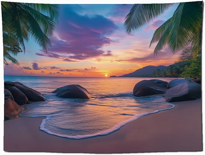 keowhsf Beach Sunset Ocean Tapestry – Tropical Palm Trees Wall Decor with Warm Orange Sky, Summer Seaside Landscape Wall Hanging for Bedroom Living Room Dorm-Ruum Studio Home