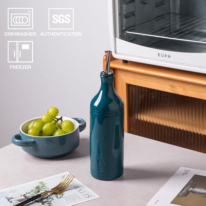 Sweejar Large Ceramic Olive Oil Dispenser Bottle, Opaque Oil Cruet Protects Oil to Reduce Oxidation, Suitable for Storage Oil, Vinegar, Soy Sauce & Other Liquids, Pack of 1, 24 Fl Oz (Teal Green)-Ruum Studio Home