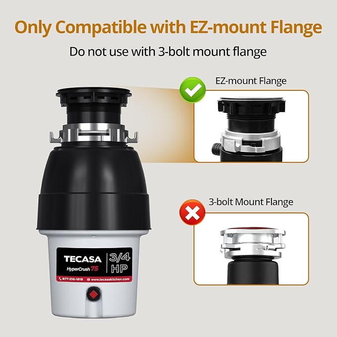3/4 HP Corded Garbage Disposal for Kitchen Sinks, TECASA Continuous Feed Food Waste Disposer, Sound Reduction, Power Cord Included, Grey and Black - HyperCrush 75-Ruum Studio Home