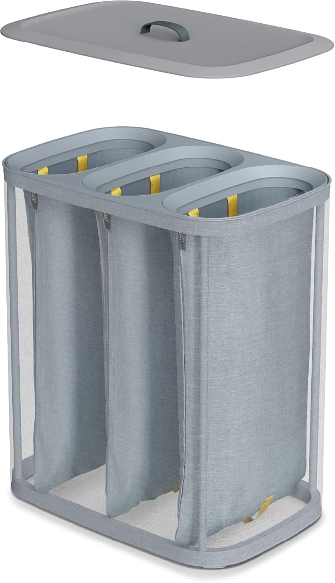 Joseph Joseph Tota Trio 90 liter/23.8 gallon Laundry Hamper Separation Basket with lid, 3 Removable Washing Bags with Handles- Gray-Ruum Studio Home