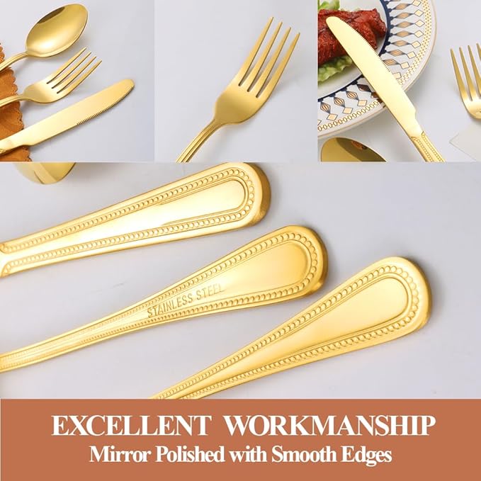 40 Pcs Gold Silverware Set for 8 with Pearled Edge Handle design, Food Grade Stainless Steel Flatware Set, Eating Utensils Sets Include Fork/Knife/Spoon, Reusable Cutlery Set, Dishwasher Safe-Ruum Studio Home