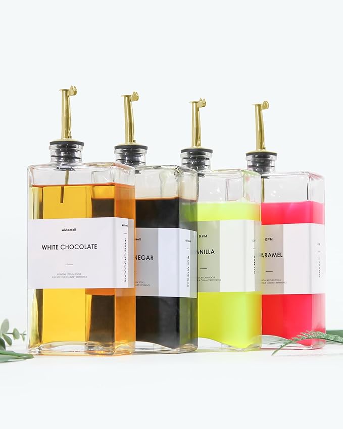 Olive Oil Dispenser For Kitchen, Glass Oil Bottle 350ML Oil And Vinegar Dispenser Set Of 4 with 4 Stainless Steel Pourers & 88 Labels, Soy Sauce Dispenser, Coffee Syrup Bottles-Ruum Studio Home
