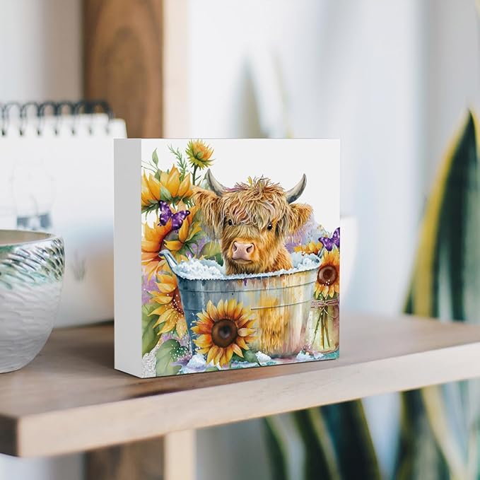 Highland Cow Funny Bathroom Decor, Highland Cow Gifts, Highland Cow Decor,Highland Cow Nursery Decor,Wooden Box Decor Sign for Home Farmhouse Office Living Room Table Shelf Tiered Desk-Ruum Studio Home
