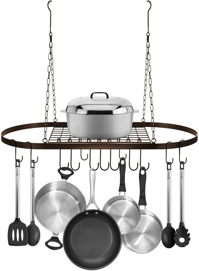 Sorbus Pot and Pan Rack for Ceiling 31" with 10 S Hooks — Decorative Oval Mounted Storage Rack — Multi-Purpose Organizer Great for Home, Restaurant, Kitchen Cookware, Utensils, Books, (Bronze)-Ruum Studio Home