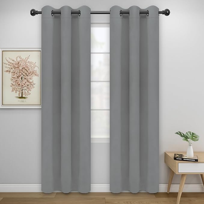 Easy-Going Blackout Curtains for Bedroom, Solid Thermal Insulated Grommet and Noise Reduction Window Drapes, Room Darkening Curtains for Living Room, 2 Panels (34x84 in, Light Gray)-Ruum Studio Home