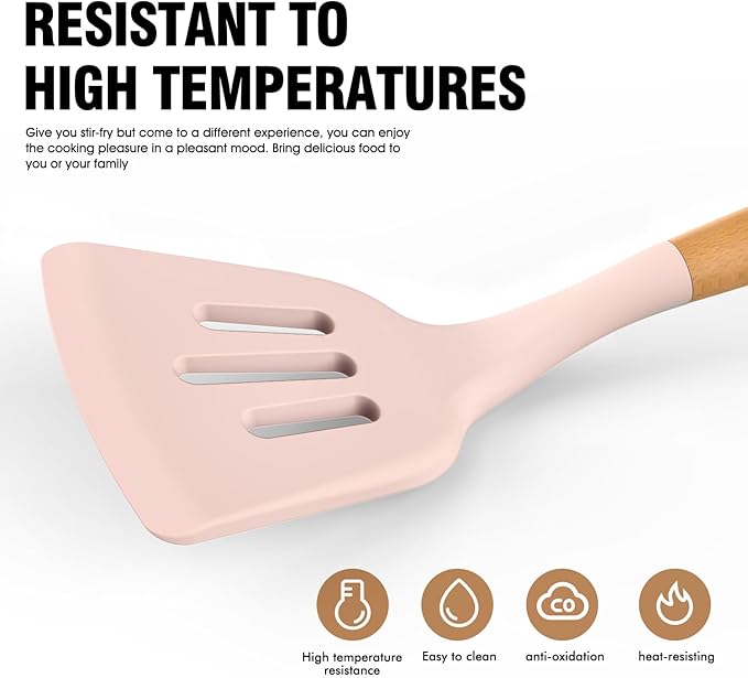 Silicone Cooking Utensils Set - Silicone Kitchen Utensils for Cooking Wooden Handles, 446°F Heat Resistant Kitchen Utensil Spatula Sets w Holder, Gadgets for Non-Stick Cookware BPA FREE (Multicolour)-Ruum Studio Home