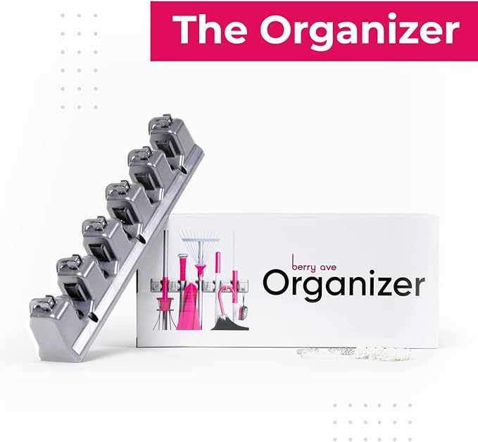 Berry Ave Broom Holder Wall Mount and Garden Tool Organizer, Closet Storage, Kitchen Rack, Home Organization and Garage Organizer for Rake or Mop Handles Up to 1.25-Inches, Hanger Plus 6 Hooks (Grey)-Ruum Studio Home