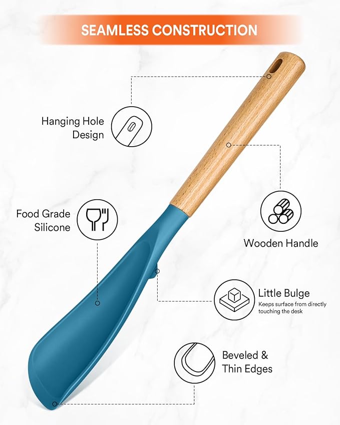 Multifunction Spatula Spoon for Nonstick Cookwares, Great for Cooking and Serving, Sturdy BPA-Free Matte Silicone, Wood Handle Spatula for Mixing, Scoop, and Scrape, Turquoise(2 pack,11.4" & 13.4")-Ruum Studio Home