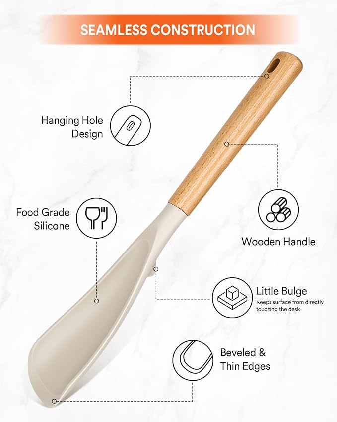 Cooking Spoon for Nonstick Cookwares, Great for Cooking and Serving Sturdy BPA-Free Matte Silicone, Wood Handle Spoon for Mixing, Scoop, and Scrape (Khaki & Turquoise, 13.4 inch)-Ruum Studio Home