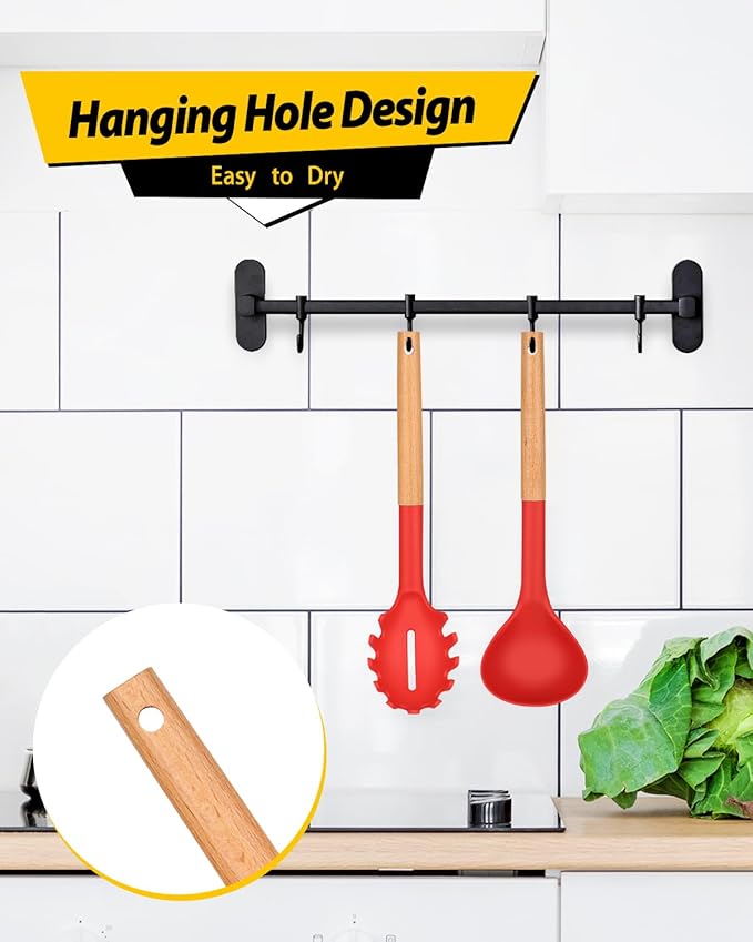 Silicone Pasta Fork and Ladle Spoon Set with Wooden Handle, Heat Resistant Non Stick Kitchen Utensils for Cooking, Stirring, Serving Spaghetti, Soup, Sauce(RED)-Ruum Studio Home