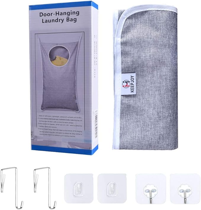 KEEPJOY Hanging Laundry Hamper Bag with Free Adjustable Stainless Steel Door 2 PCs Suction Cup Hooks, Best Choice for Holding Dirty Clothes and Saving Space, Grey-Ruum Studio Home