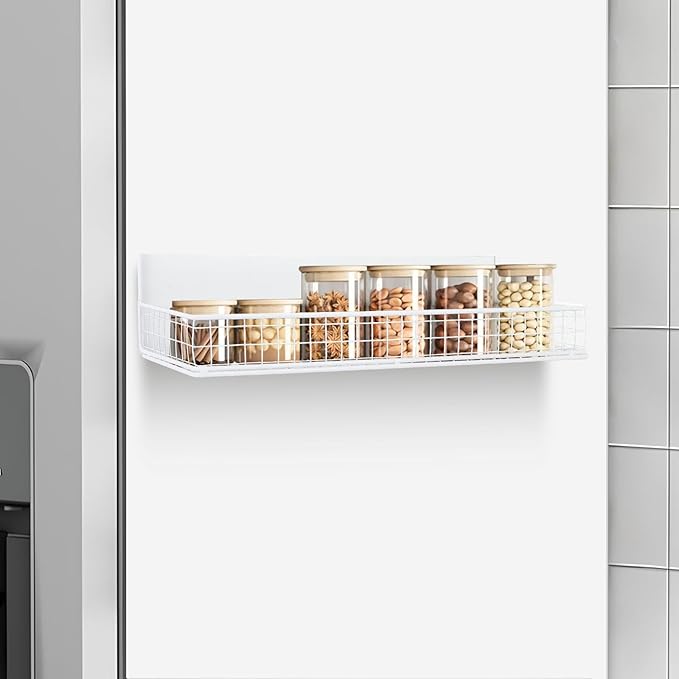 Magnetic Shelf for Fridge Magnetic Basket Organizer Wire Mesh Magnetic Holder Magnet Shelf Accessories for Office Kitchen Classroom Storage,White, 13.77" x 5.11" x 1.7"-Ruum Studio Home