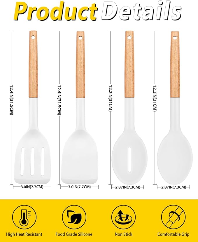 Pack of 4 Silicone Cooking Utensils Set, Non Stick Solid Spatulas and Heat Resistant Slotted Spoons with Wooden Handle, Ideal Wood Kitchen Utensils Set for Frying,Serving,Turning,Stirring (WHITE)-Ruum Studio Home