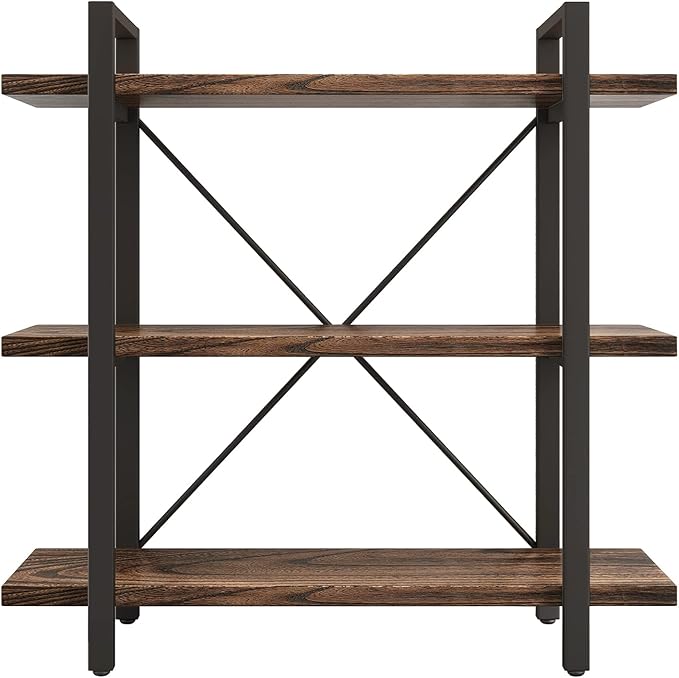3 Tier Bookshelf Modern Rustic Open Bookshelf Office Solid Wood Bookcase and Book Shelves Wood and Metal Shelving Unit,Distressed Brown (AY-02-3Tier)-Ruum Studio Home