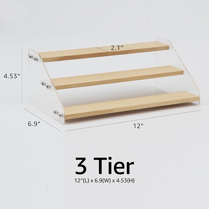 nianfeng Tiered Spice Rack, 3-Tier Spice Pantry Kitchen Cabinet Organizer, 12-Inch, Natural Wood Acrylic Stair Riser Stand, Countertop Seasoning Shelf-Ruum Studio Home