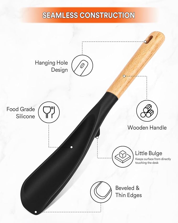 Cooking Spoon for Nonstick Cookwares, Great for Cooking and Serving Sturdy BPA-Free Matte Silicone, Wood Handle Spoon for Mixing, Scoop, and Scrape (2 Pack of Black, 11.4 inch)-Ruum Studio Home