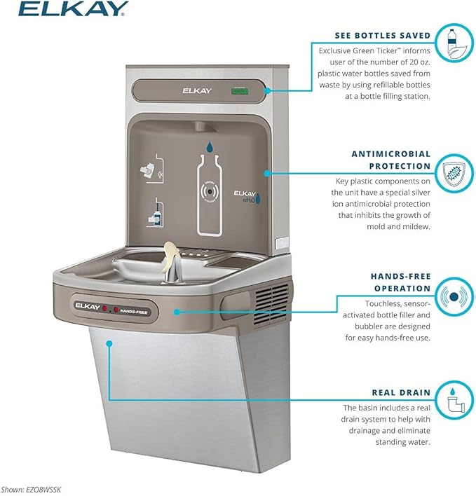 Elkay EZO8WS EZH2O Refrigerated Single Drinking Fountain with Bottle Filling Station and Hands Free Activation - Stainless Steel-Ruum Studio Home