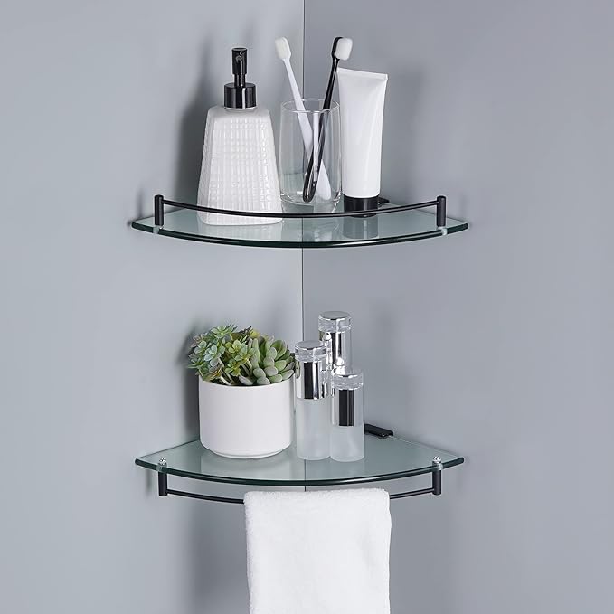 KES Bathroom Glass Corner Shelf Tempered Glass Shelf with Rail Wall Mount Corner Shelf SUS 304 Stainless Steel Matte Black 2 Pack, BGS2101A-BK-P2-Ruum Studio Home