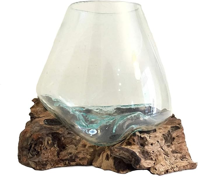 Hand Blown Molten Glass & Teak Wood Terrarium/Vase/Fish Bowl - Premium Quality (10" - 12" High)-Ruum Studio Home